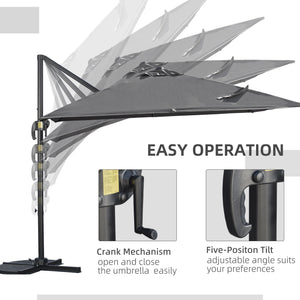 9ft Cantilever Patio Umbrella, Square Overhanging Umbrella with Cross Base, Crank Handle, Tilt, 360° Rotation and Aluminum Frame, Dark Gray