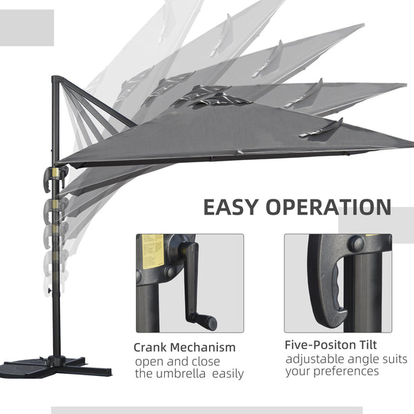 9ft Cantilever Patio Umbrella, Square Overhanging Umbrella with Cross Base, Crank Handle, Tilt, 360° Rotation and Aluminum Frame, Dark Gray