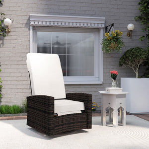 Woven rattan garden armchair with footrest and soft cushion
