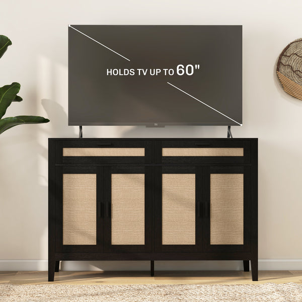 Bohemian style buffet with decorative rattan doors and drawers, black.