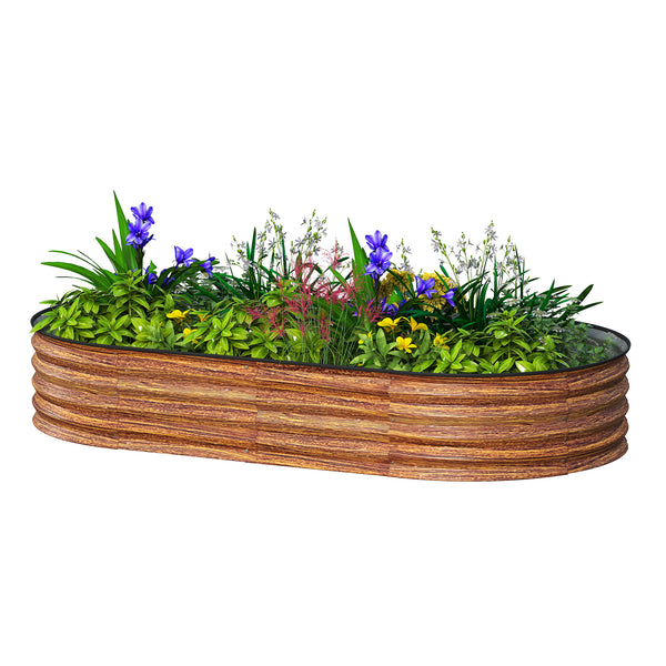 Raised outdoor planter made of galvanized steel with metal support, brown