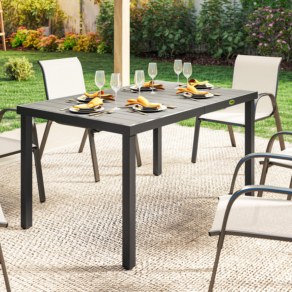 Rectangular 6-person patio table in wood-plastic composite and steel frame, grey