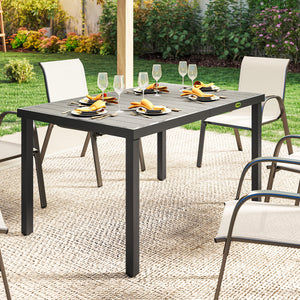 Rectangular 6-person patio table in wood-plastic composite and steel frame, grey