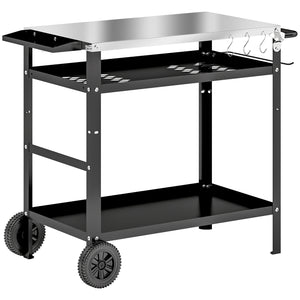 BBQ Stand with Stainless Steel Top Adjustable Shelf, Outdoor BBQ Station with Hooks Seasoning Tray Towel Rack