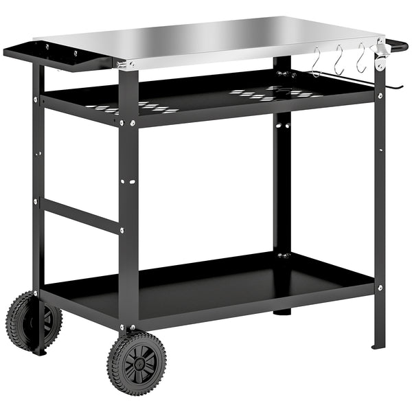 BBQ Stand with Stainless Steel Top Adjustable Shelf, Outdoor BBQ Station with Hooks Seasoning Tray Towel Rack