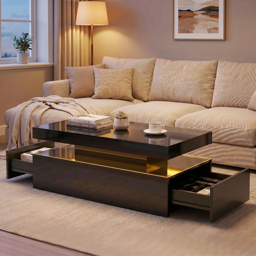 Glossy Black 2-Tier 2-Drawer Coffee Table with Storage for Living Room
