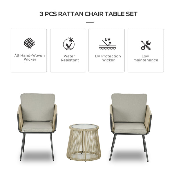 3-piece outdoor bistro set in woven rattan with metal legs