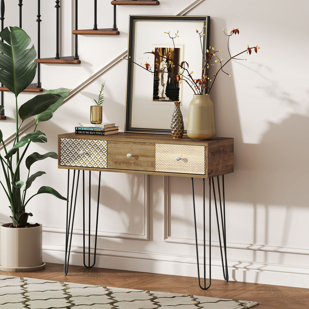 Console table with drawers and hairpin legs, brown