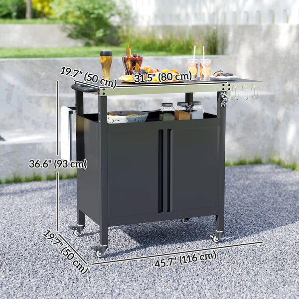Outdoor Grill Cart Table with Foldable Side Table, BBQ Grill Stand with Stainless Steel Top & Hooks, 45.7"x19.7", Black