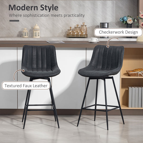 Set of 2 counter-height bar stools, upholstered in PU leather, with backrest, footrest and steel legs, black