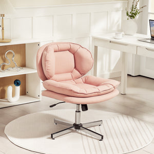 Pink armless office chair upholstered in faux leather