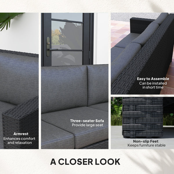 3 Seater Rattan and Wicker Sofa, Outdoor Garden Furniture with Cushion, Grey