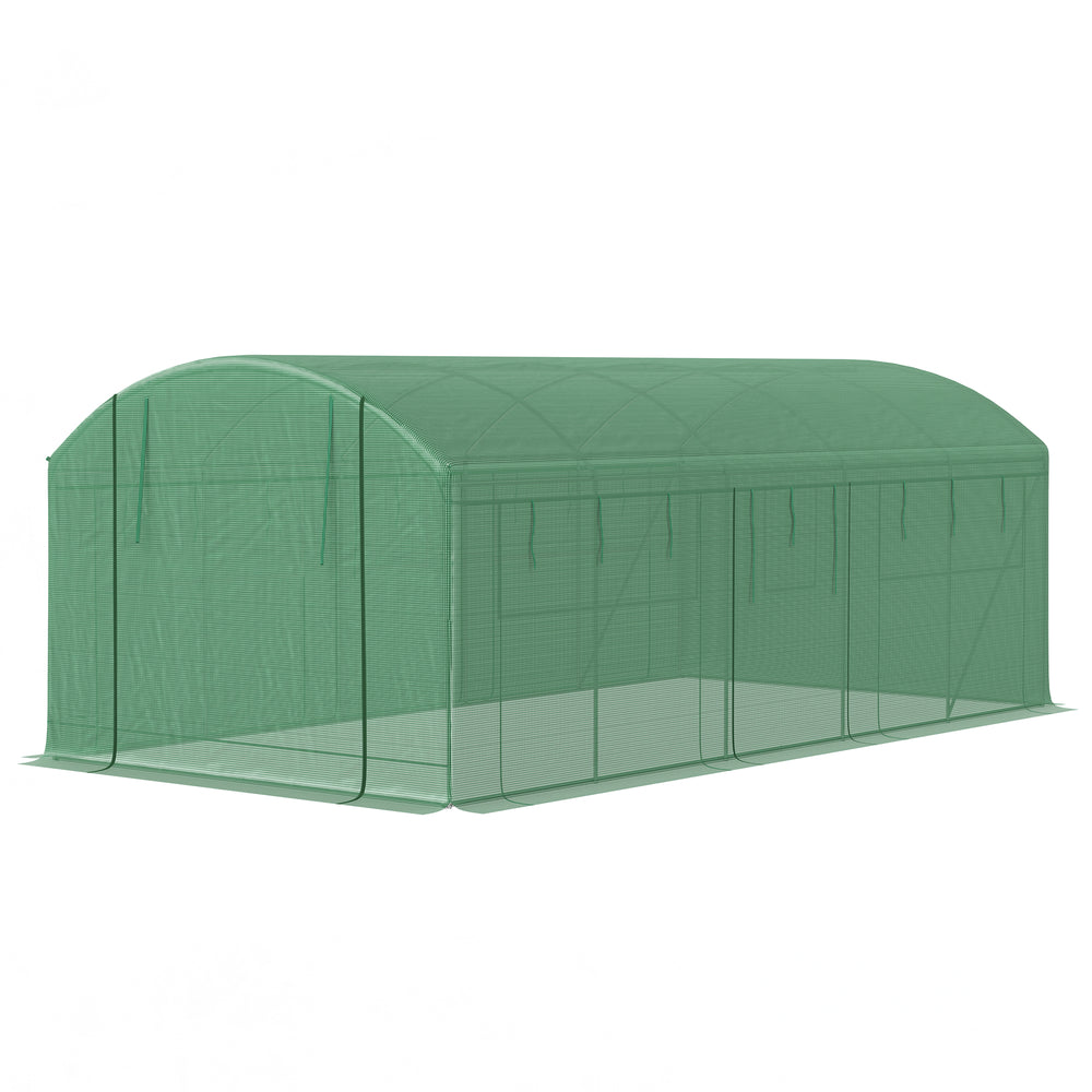 Tunnel greenhouse with 3 roll-up doors and large screened windows