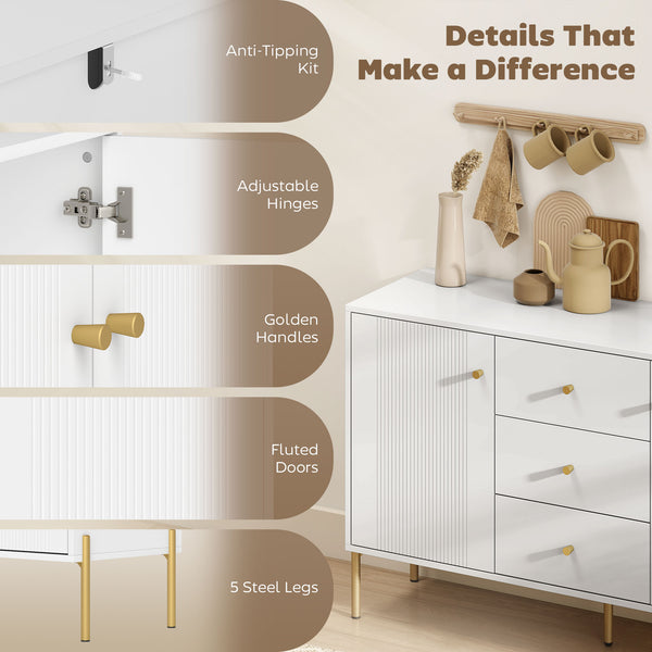 Modern storage buffet with 3 soft-close drawers and 2 adjustable shelves, white
