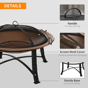 30" Round Outdoor Fire Pit with Lid, Log Grate and Poker for Backyard, Camping, Picnic, Bronze