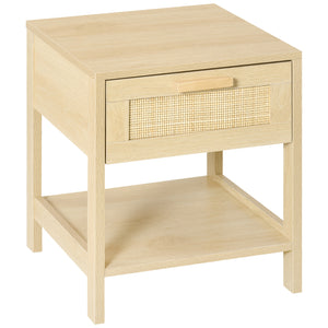 Narrow bedside table with rattan elements