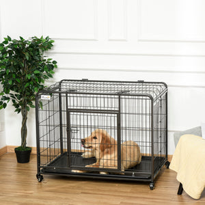 Foldable, sturdy cage with double door, lockable wheels and tray