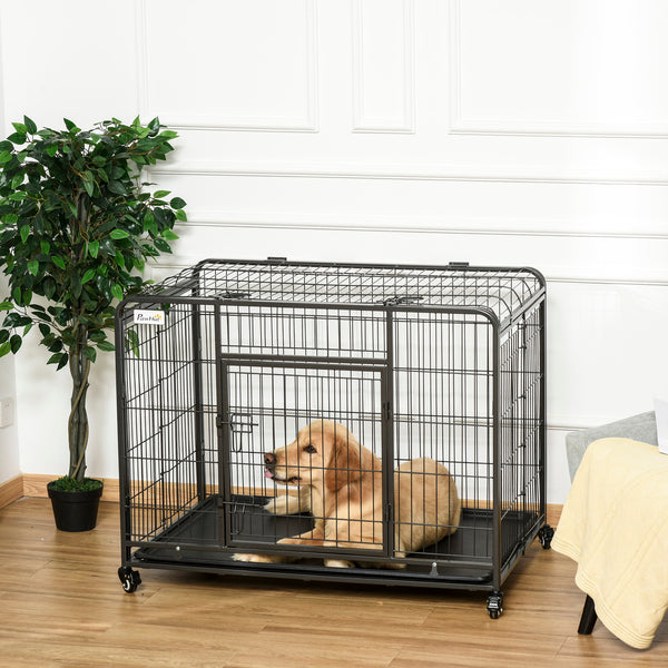 Foldable, sturdy cage with double door, lockable wheels and tray