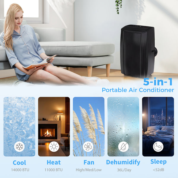 14,000 BTU 5-in-1 Portable Air Conditioner with Cooling, Heating, Dehumidifying, Fan, Sleep Mode, Wi-Fi Voice Control, Black
