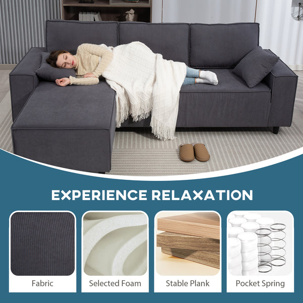 Corner sofa with convertible chaise longue in corduroy with pocket springs, 2 cushions, anthracite gray