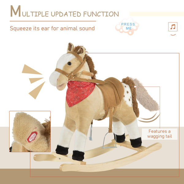 Cowboy Style Plush Rocking Horse with Realistic and Fun Sounds, Beige