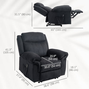 Manual reclining armchair with vibration massage, side pockets, in corduroy, black
