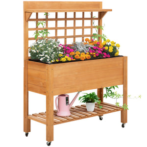 Raised wooden planter with shelf and casters