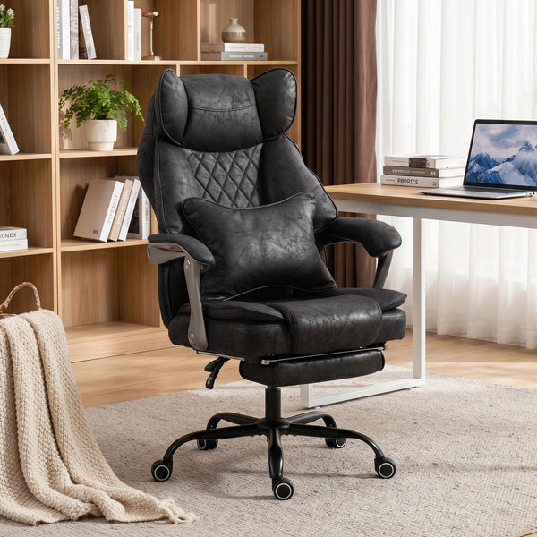 Oversized ergonomic office chair with footrest and 135° reclining backrest, black