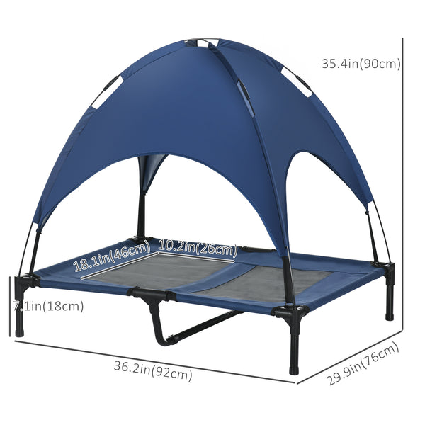 Elevated dog bed with canopy, dark blue
