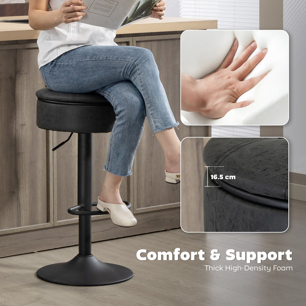 Set of 2 swivel bar stools with storage, faux leather upholstery, footrest, steel base, black