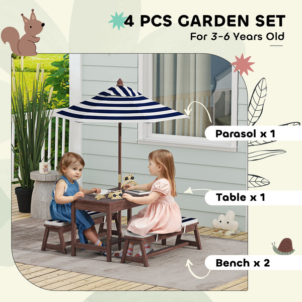 Wooden picnic table and bench set with removable parasol and cushions