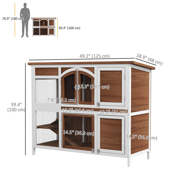 Two-tier wooden hutch with opening roof and pull-out tray