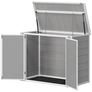 Garden shed for outdoor horizontal bin with chain lid, grey