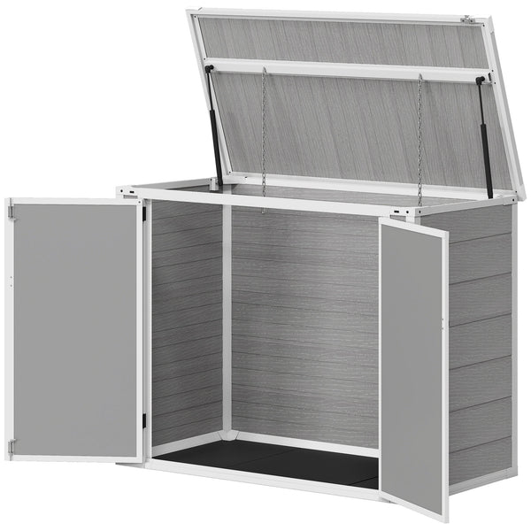 Garden shed for outdoor horizontal bin with chain lid, grey