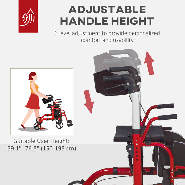 20cm Height Adjustable Folding Rollator Walker, Red