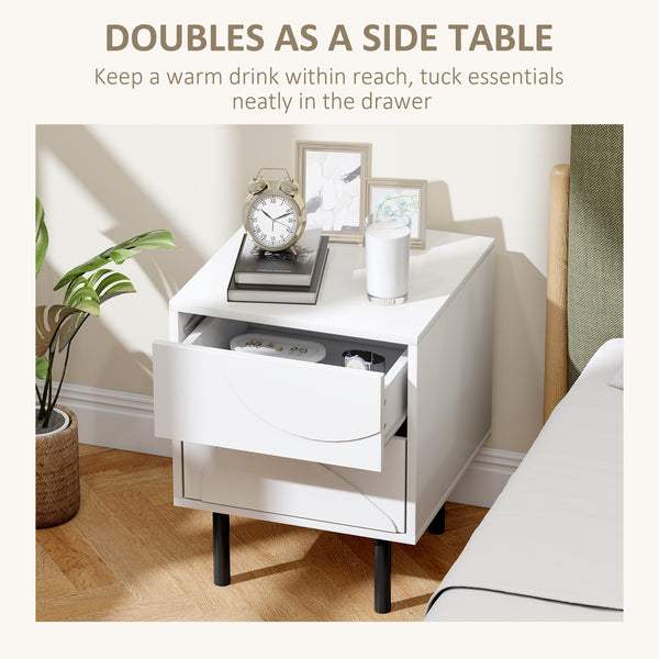 Set of 2 modern bedside tables with push-open drawers and steel legs, white