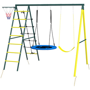 4-in-1 module with saucer swing, seat, climbing ladder/net and basketball hoop