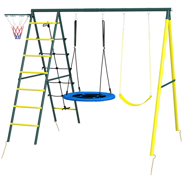 4-in-1 module with saucer swing, seat, climbing ladder/net and basketball hoop