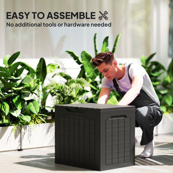 Outdoor resin storage box with handles, waterproof and UV resistant.