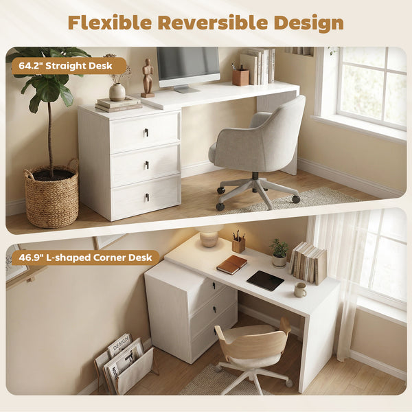 Convertible straight or L-shaped computer desk with 3 drawers and large workspace – White wood effect