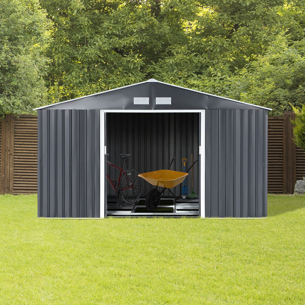 Garden shed with 4 ventilation slots and double sliding door, grey