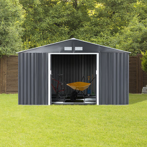 Garden shed with 4 ventilation slots and double sliding door, grey