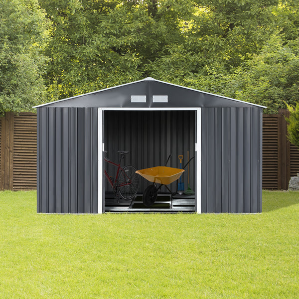 Garden shed with 4 ventilation slots and double sliding door, grey