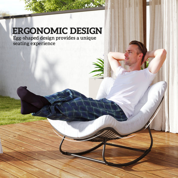 Oversized Rattan Patio Egg Chair, Outdoor Rocking Chair with Padded Cushion for Indoor, Porch, Cream White