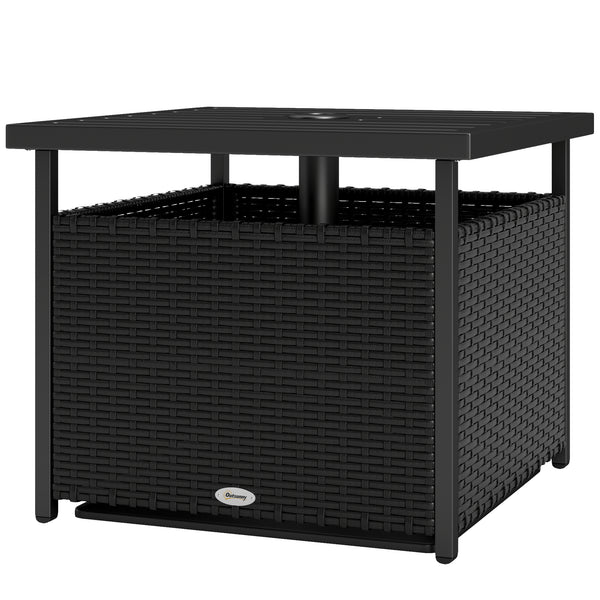 Outdoor coffee table in woven rattan with a hole for a parasol, black