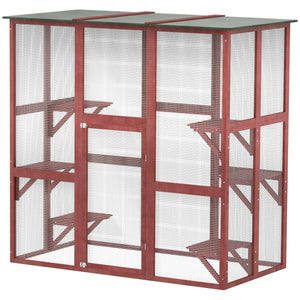 Wooden cat enclosure with 6 balanced platforms and asphalt roof, wine red