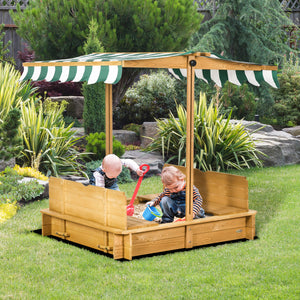 Wooden sandbox with cover, folding benches and adjustable canopy, light brown