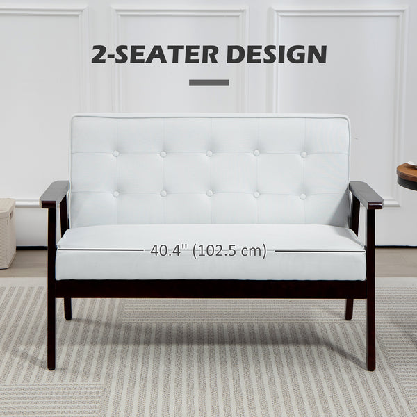 Modern upholstered 2 seater sofa with tufted back and wooden legs, cream white