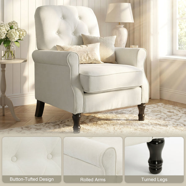 Mid-century modern accent chair with thick padded seat, spring cushion, solid wood legs, cream white