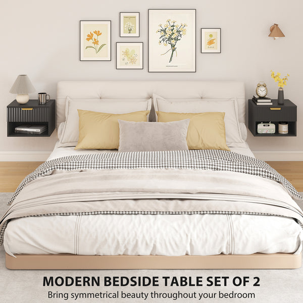 Set of 2 wall-mounted bedside tables with drawer and open shelf, black